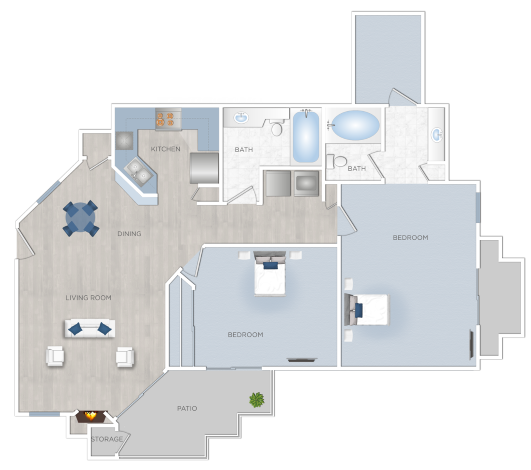 Floor plan for 2 beds, 2 baths, 912 sqft